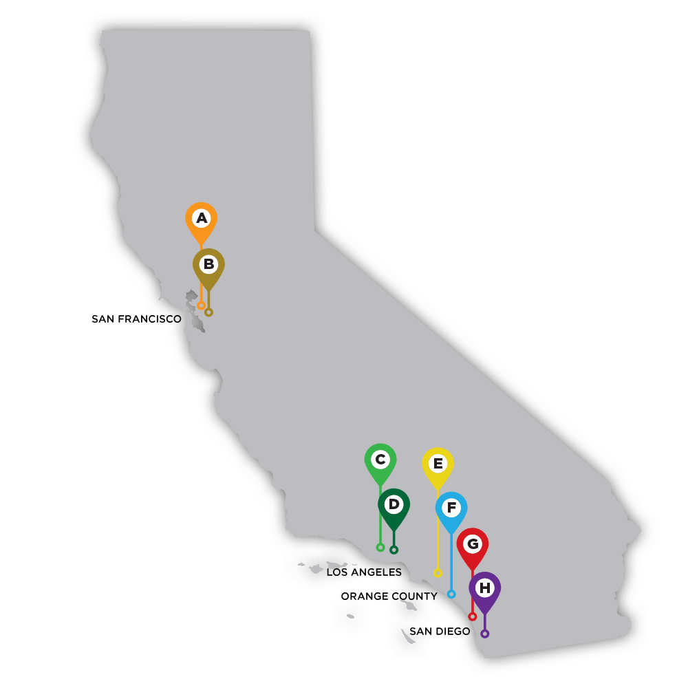 CL locations marked with pins A-H on a CA state map